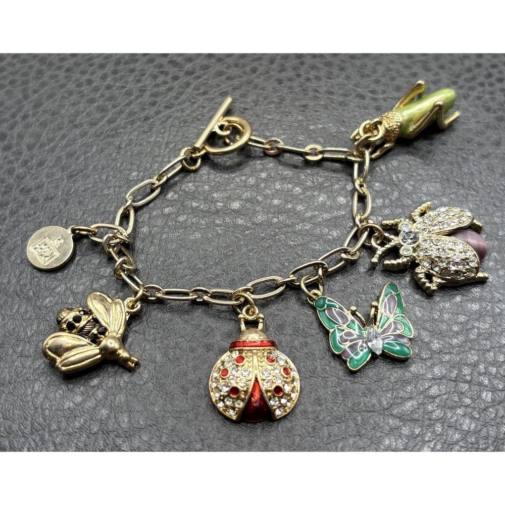 VTG Liz Claiborne Charm Bracelet Insects Butterfly Ladybug Bee Enamel Rhinestone